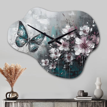 Flowers With Butterflies Painting III - Asymmetric Metal Wall Clock